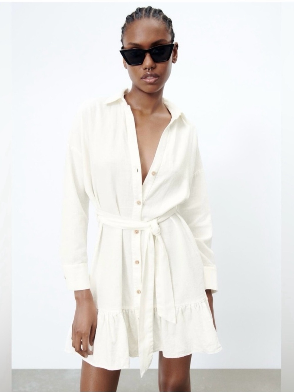 Zara Off-White Linen Blend Shirt Dress Size S